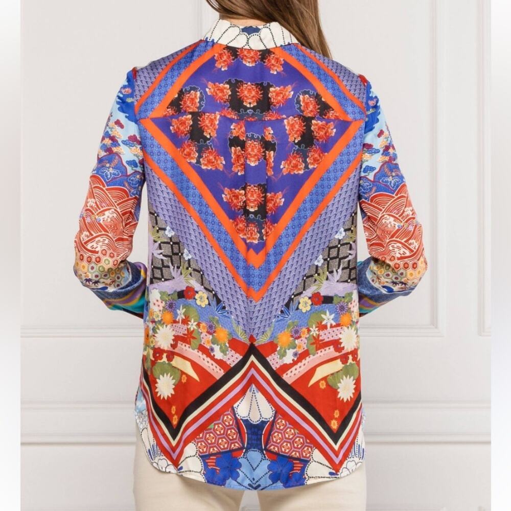 Pinko Casper Button Down Blouse size 2 Red Blue Print Long Sleeve - Picture 2 of 12